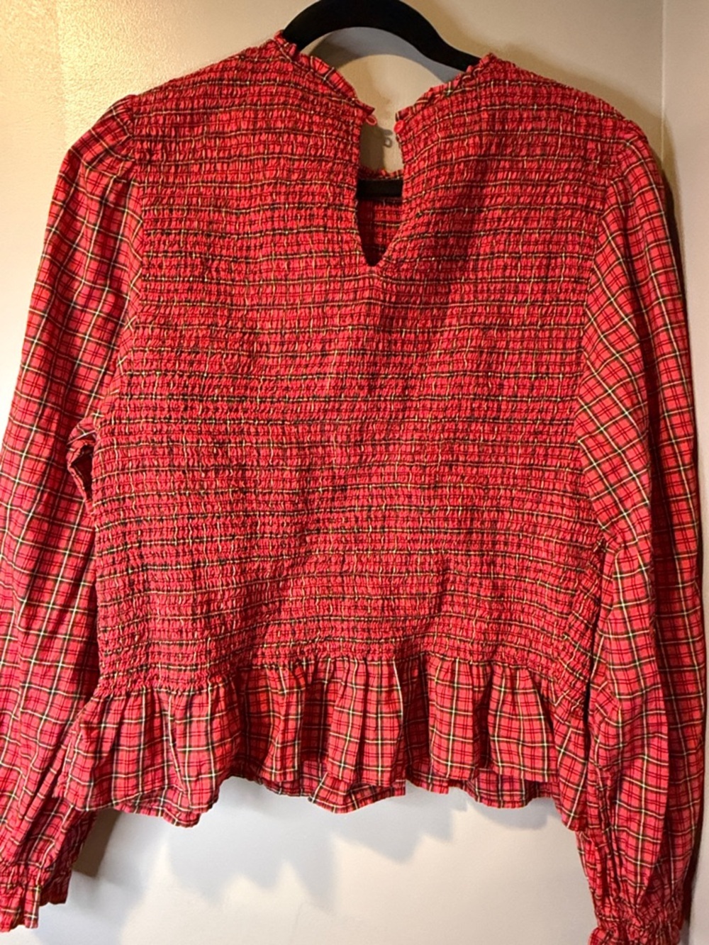 Old Navy 100% cotton Red Plaid Smocked Peplum Long-Sleeve Top - Picture 3 of 3